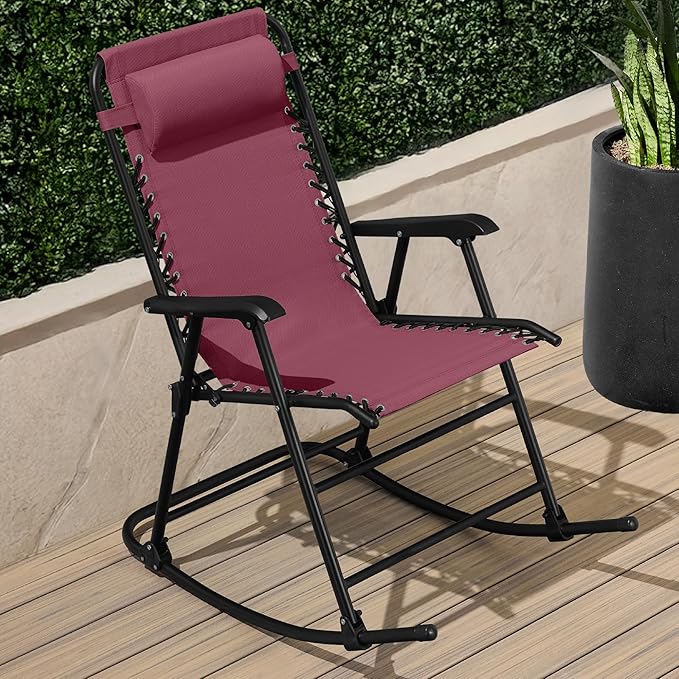 Best Choice Products Outdoor Folding Rocking Chair, Zero Gravity Lounge Chair, Patio Rocker w/Headrest Pillow - Burgundy