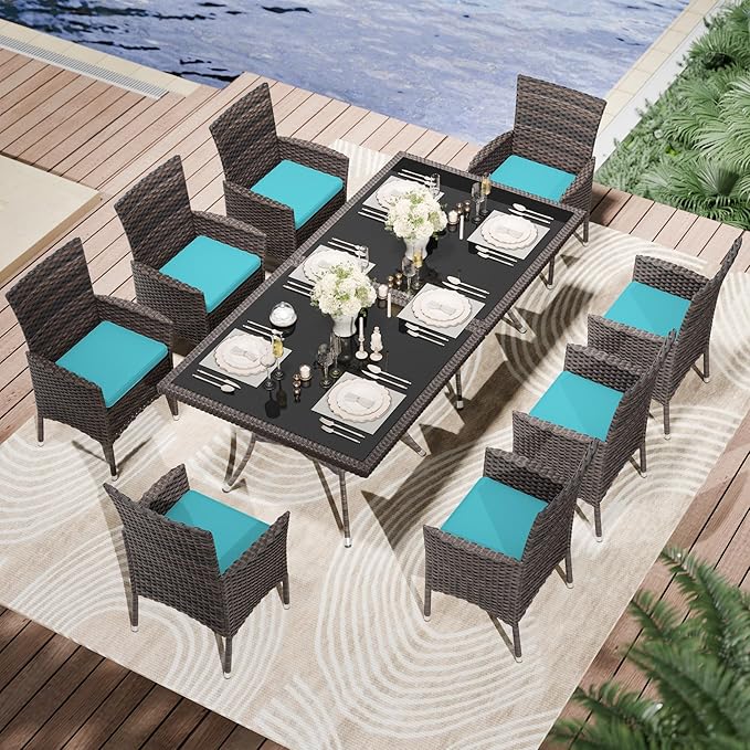 Kullavik 10-Piece Outdoor Dining Set Patio Rattan Furniture Set,Patio Dining Table and Chairs Set with 8 Chairs and Cushions,Square Glass Tabletop with Umbrella Hole for Patio,Blue