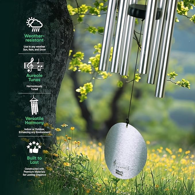 Nature’s Melody Aureole Tunes Wind Chimes – Outdoor Windchime with 6 Tubes Tuned to C Pentatonic Scale, 100% Rustproof Aluminum, Powder Finish & S Hook Hanger for Sympathy, Memorial Gift or Zen Garden
