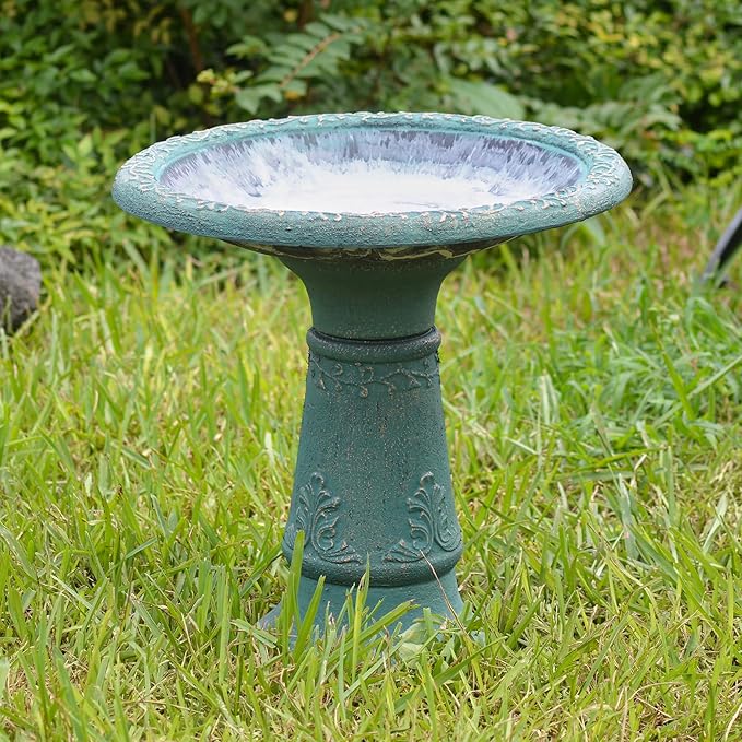 Arcadia Garden Products BB04 Fiberclay Bird Bath Outdoor Garden Decor, Antique Vintage Weather Resistant Water Bowl for Backyard and Patio and, 20-inch Tall, Green