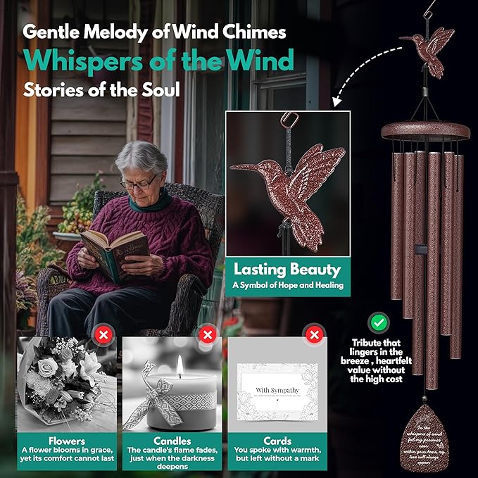 Hummingbird Memorial Wind Chimes for Loss of Loved One - 35" Long Sympathy Wind Chimes for Outside, Bereavement, Remembrance, Funeral Gift for Mother, Dad, Husband, Son & Sister