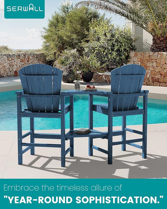 SERWALL Tall Adirondack Chairs Set of 4 with Double Layer Connecting Tray, HDPE Bar Height Outdoor Chairs, Wood-Like Adirondack Bar Stools for Patio, Balcony, Porch, Blue