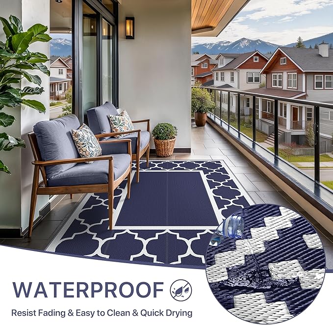 GENIMO Outdoor Rug 8' x 10' Patio Waterproof, Foldable Reversible Plastic Straw Area Rugs Mat for Camper Decor, Outside Carpet for Rv, Deck, Porch, Picnic, Beach, Balcony, Blue & White