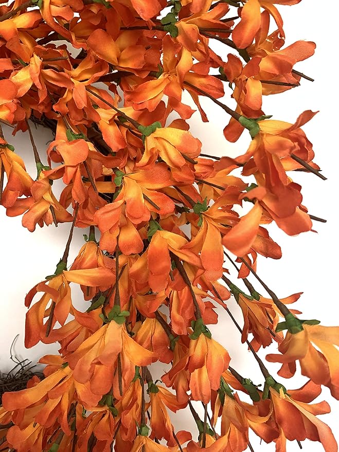 Orange Forsythia Door Wreath 24 Inch Spring Front Door Wreath Blossom Cluster Flower Farmhouse Wreath on Grapevine for Thanksgiving Festival Celebration Front Door Wall Window Decoration Home Decor