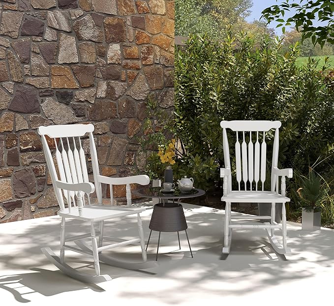 Outsunny Outdoor Wood Rocking Chairs Set of 2, 350 lbs. Porch Rockers with High Back for Garden, Patio, Balcony, White