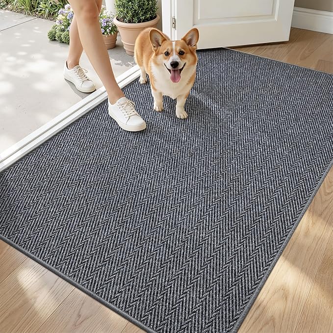 LUMI Ultra Thin Indoor Door Mat for Entrance 48"x72", Non Slip Entryway Mat, Low Profile Doormat, Unique Herringbone Design Carpet for Inside, Patio, Porch, Medium Gray