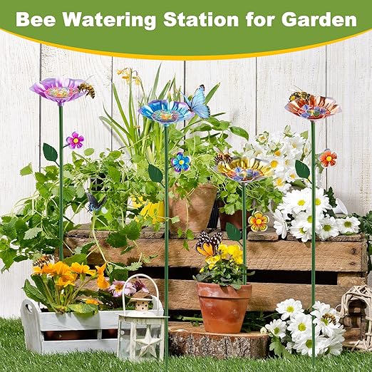 4 Pack Bee Watering Station, Bee Bath for Garden, Colorful Metal Bee Bird Butterfly Water Feeder Supplies for Outdoor Garden Yard Farm Decor Flower Design (Blue, Yellow, Orange, Purple)
