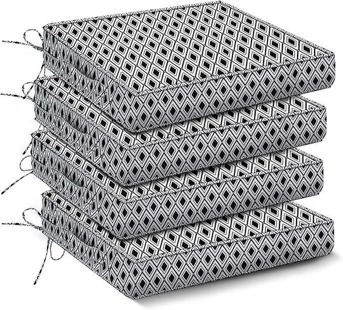 Outdoor Chair Cushions Set of 4,Waterproof Outdoor Seat Cushions for Patio Furniture,Patio Chair Cushion with Handle and Ties, Out Door Chair Pads,18.5" x 16" x 3", Black Geometry
