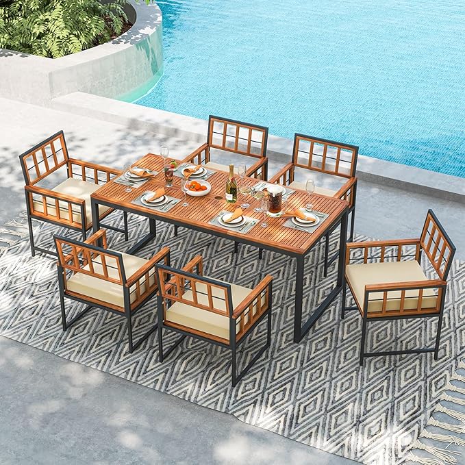 Tangkula 7 Pieces Patio Dining Set, Outdoor Acacia Wood Table and Chairs with Soft Cushions and 1.96” Umbrella Hole for Backyard, Garden, Poolside (Beige)