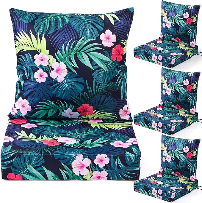 Hoteam 4 Set Outdoor Chair Patio Cushions Deep Seat Waterproof Chair Cushions 20 x 20 Inch for Patio Furniture Set Replacement Removable Seat and Back(Tropical Plant)
