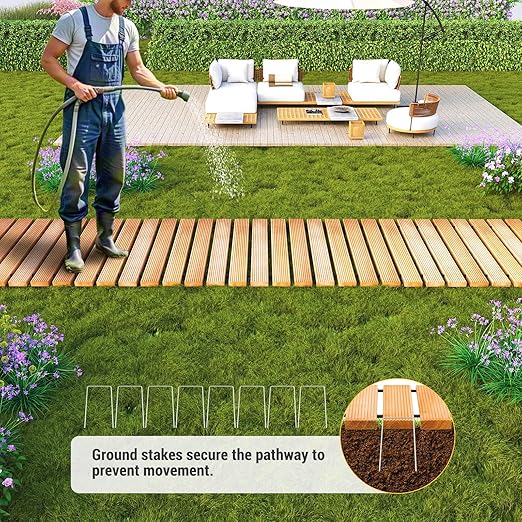 8FT Straight Wooden Garden Pathway Walkway Outdoor Roll Out Decorative Garden Non-Slip Patio Path Decorative Boardwalk Road Floor for Pool Backyard Wedding Party Beach (Warm Brown)