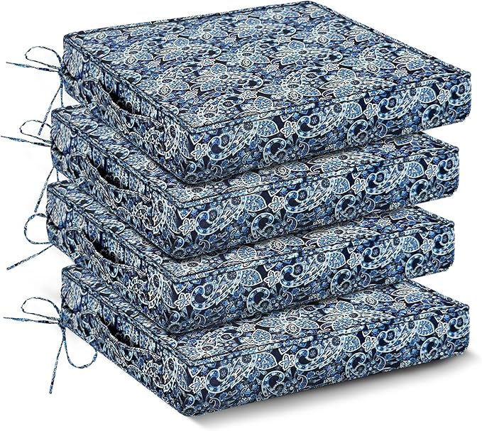 Outdoor Chair Cushions Set of 4,Waterproof Outdoor Seat Cushions for Patio Furniture,Patio Chair Cushion with Handle and Ties, Out Door Chair Pads,19" x 19" x 3", Green Paisley