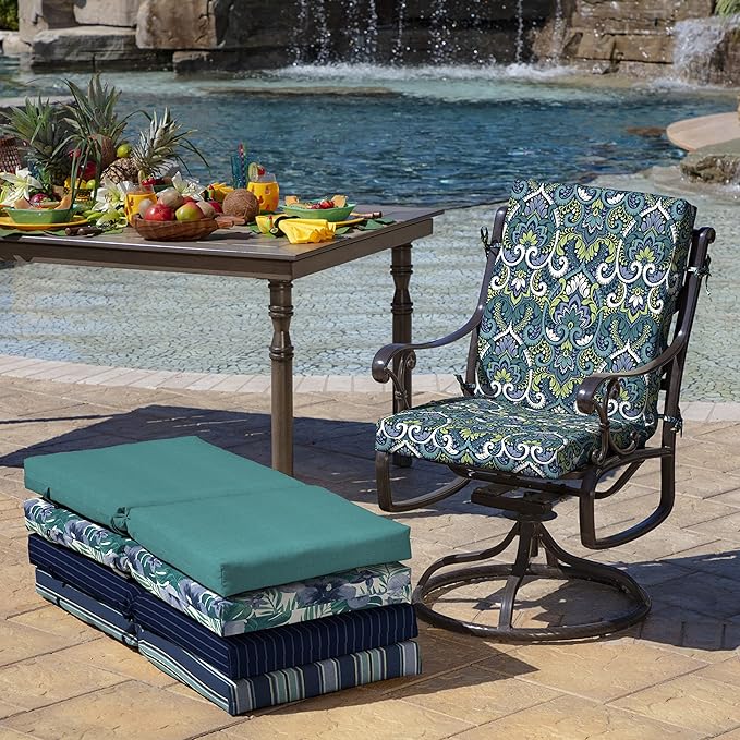 Arden 2-Pack Outdoor Patio Dining Chair Cushion, 20x44, Rain-Proof Seat Pad, Fade-Resistant Outdoor Cushion Sapphire Aurora Blue Damask