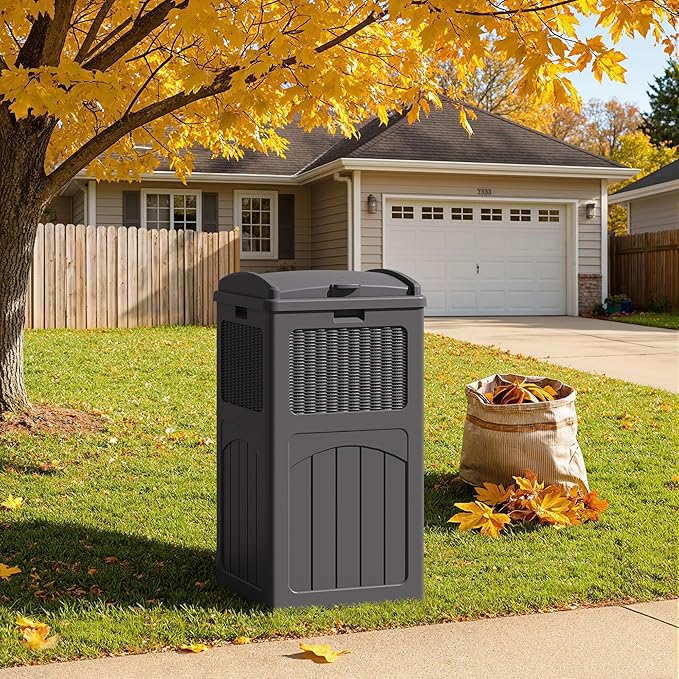 YESHOMY 33 Gallon Resin Outdoor Trash Can with Lid, Hideaway Waterproof Patio Garbage Bin, Gray