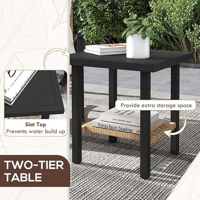 Outsunny 3 Pieces Rocking Wicker Outdoor Bistro Set, Rattan Patio Furniture Set with Coffee Table and Porch Chairs, Button Tufted Cushions for Backyard, Balcony, Garden, White