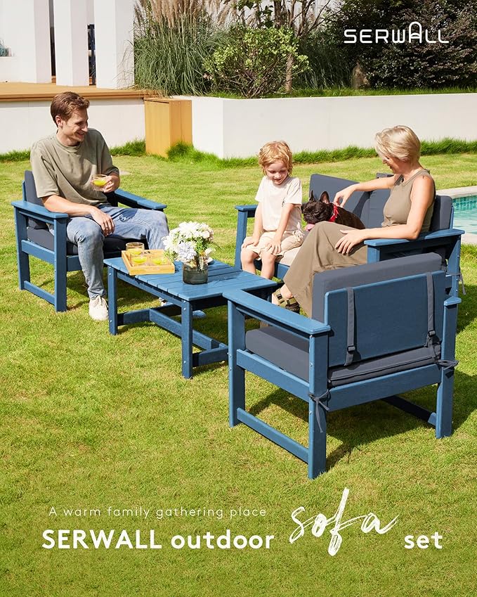 SERWALL 4 Pieces HDPE Outdoor Sofa Set with Cushion, All Weather Use Conversation Couch Set, Outdoor Loveseat Social Furniture with Coffee Table and Cushions, Blue Frame with Grey Cushions