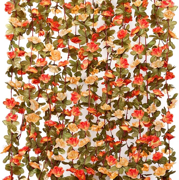 KHOYIME 5 Pack 40 FT Artificial Flower Garland, Fake Orange Roses Vines Silk Flowers Faux Plastic Outdoor Hanging Floral Garland Fall Autumn Decoration for Indoor Table Home Wall Backdrop Room Decor