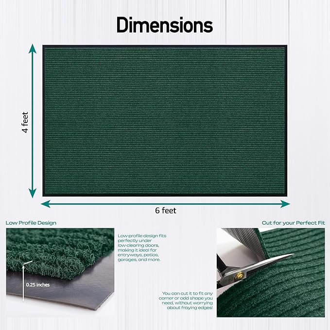LuxUrux Heavy Duty Rubber Door Mat - Indoor/Outdoor Use, Easy to Clean, Waterproof, Low-Profile Entry Mat - Ideal for Entry, Patio, Garage - Striped Green Design (4 x 6 Feet)