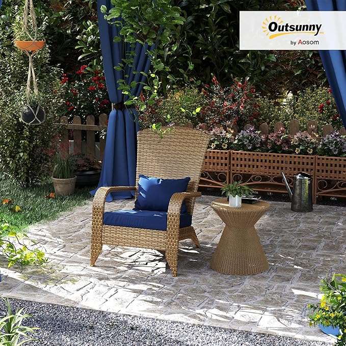 Outsunny Patio Wicker Adirondack Chair, Outdoor All-Weather Rattan Fire Pit Chair with Soft Cushions, Tall Curved Backrest and Comfortable Armrests for Deck or Garden, Dark Blue