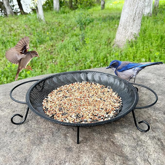 Upgraded Ground Platform Bird Feeder Tray,11.8” Stainless Steel Large Bird Feeder Mesh Seed Tray with A Exquisite Tray Station,Attract Wild Birds,Great Decoration for Garden Backyard