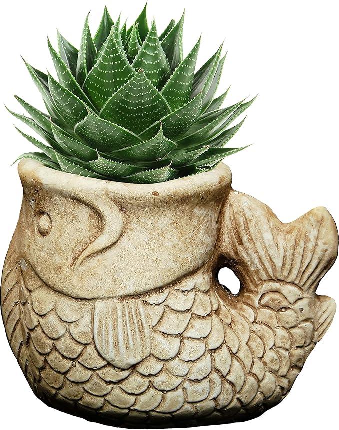 Classic Home and Garden Cement Buddies Animal Planter - Cute Desk Decoration - UV Coated Animal Vase w/Removable Drain Plug - Succulent Planter for Indoor/Outdoor Use (Largemouth Bass, Sand, Small)