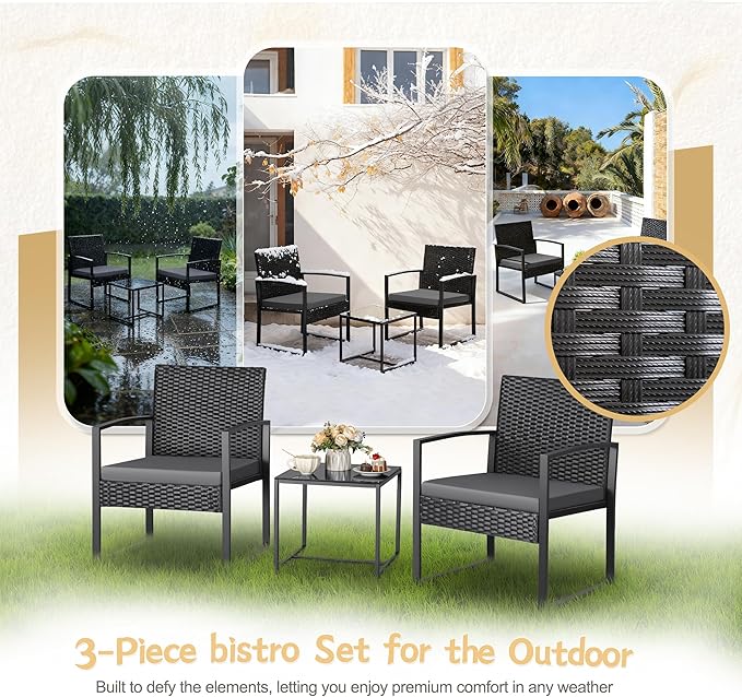Greesum 3 Piece Wicker Conversation Bistro Sets Outdoor Patio Set Modern Rattan Chair Furniture Sets with Coffee Table for Yard Garden Porch Lawn (Grey)