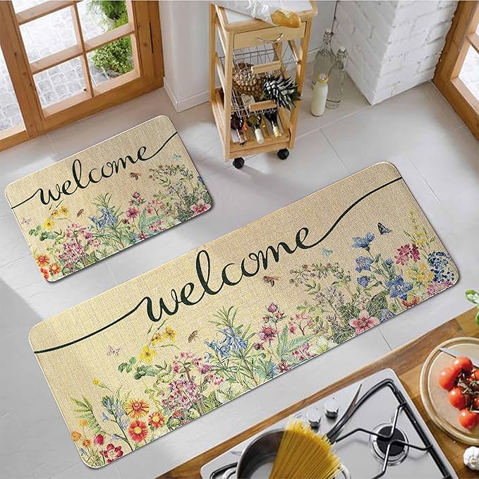 Spring Floral Decor Welcome Door Mat 2 Piece, Hello Summer Flower Home Decoration Non-Slip Indoor Outdoor Front Doormats Rug 17"x47"+17"x30"