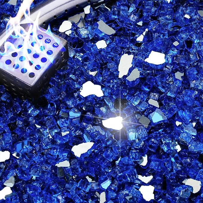 NUPICK 5 Pound Fire Glass, 1/4 Inch Reflective Fire Pit Glass, Tempered Firepit Glass Rock for Propane or Natural Gas, Glass Rocks for Fire Pit Table, Fireplace Glass for Landscaping, Blue