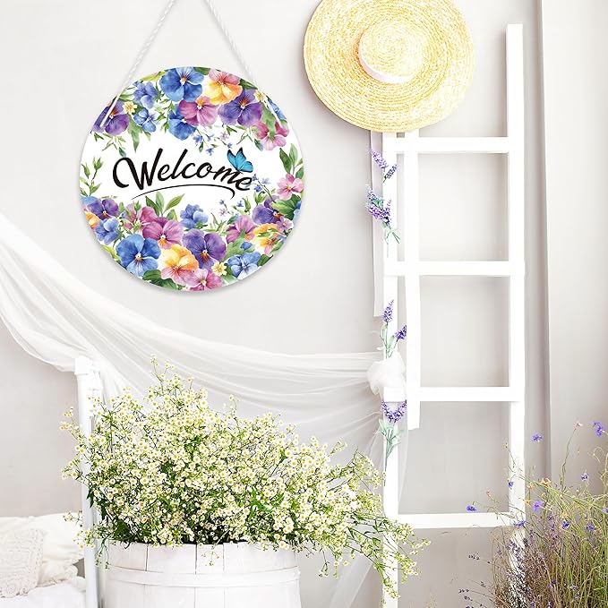 1 Pc Summer Floral Welcome Door Sign, Pansy Flower Butterfly Door Hanging Sign, Spring Summer Holiday Farmhouse Home Porch Window Decor, 11 x 11 inches