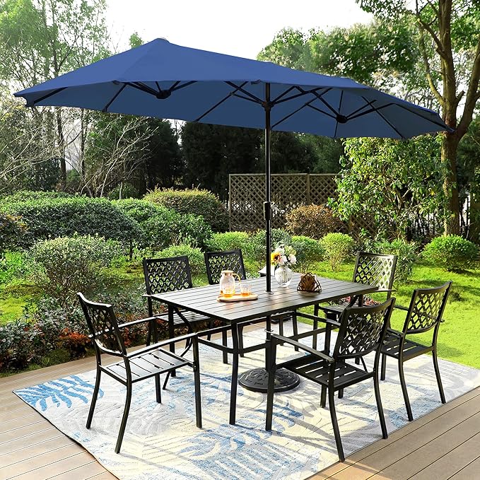 PHI VILLA 8 Piece Patio Outdoor Dining Set with 13ft Double-Sided Patio Umbrella,Metal Outdoor Table Furniture Set with 6 Outdoor Stackable Chairs, 1 Rectangle Dining Table and 1 Large Umbrella