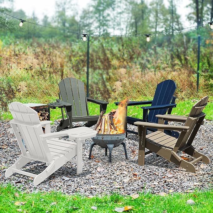 Adirondack Chair Set of 2, HDPE Folding Adirondack Chair with Multifunctional Cup Holder, Weather Resistant Fire Pit Chair for porches, patios, patios, poolsides, Decks.