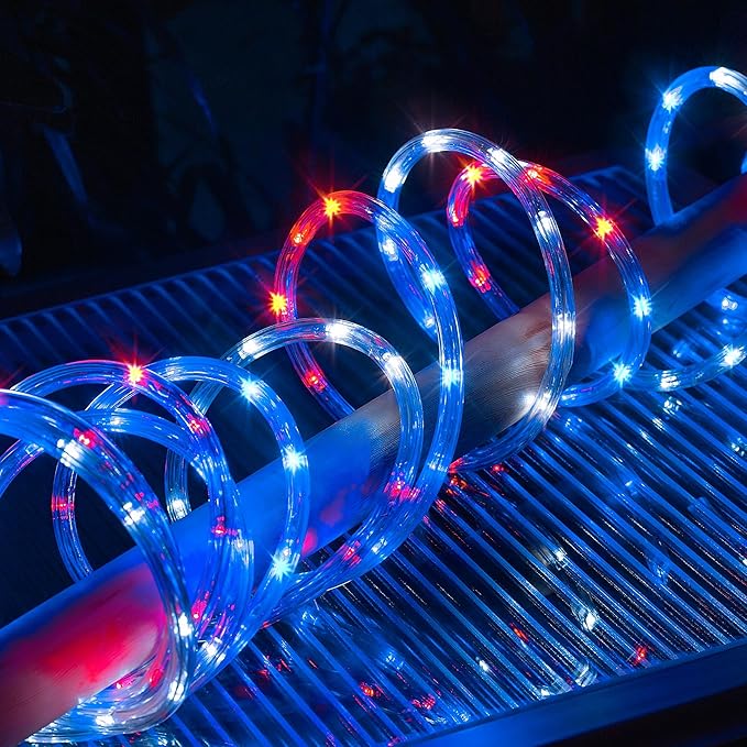 Waterproof LED Rope Lights, Connectable & Flexible with 8 Modes, Outdoor Lighting for Deck, Garden, Pool, Patio & Christmas Decor (Red/Blue/White, 100ft)
