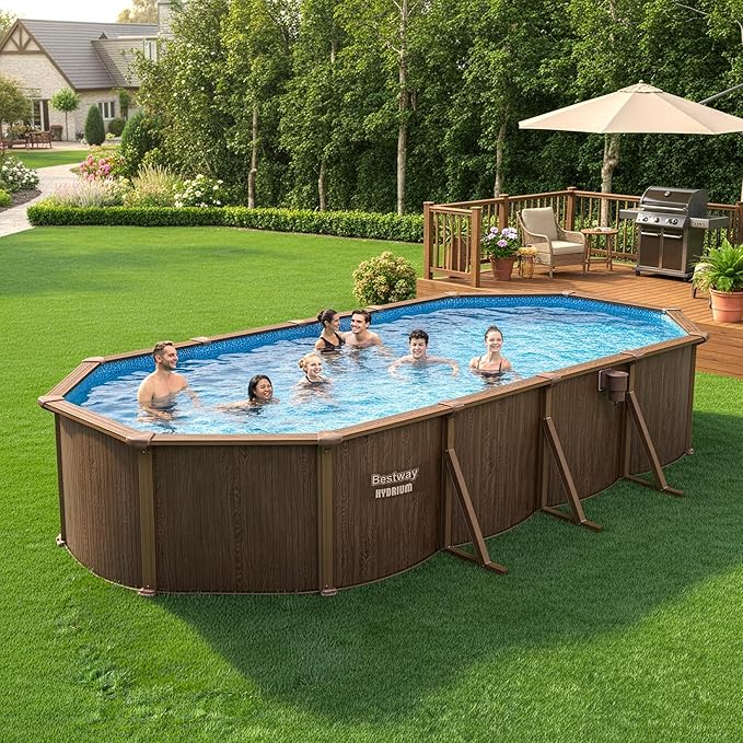 Bestway Hydrium 24' x 12' x 52" Above Ground Pool, Oval Steel Side Wall Frame Outdoor Swimming Pool Set with Sand Filter Pump, Ladder & Accessories