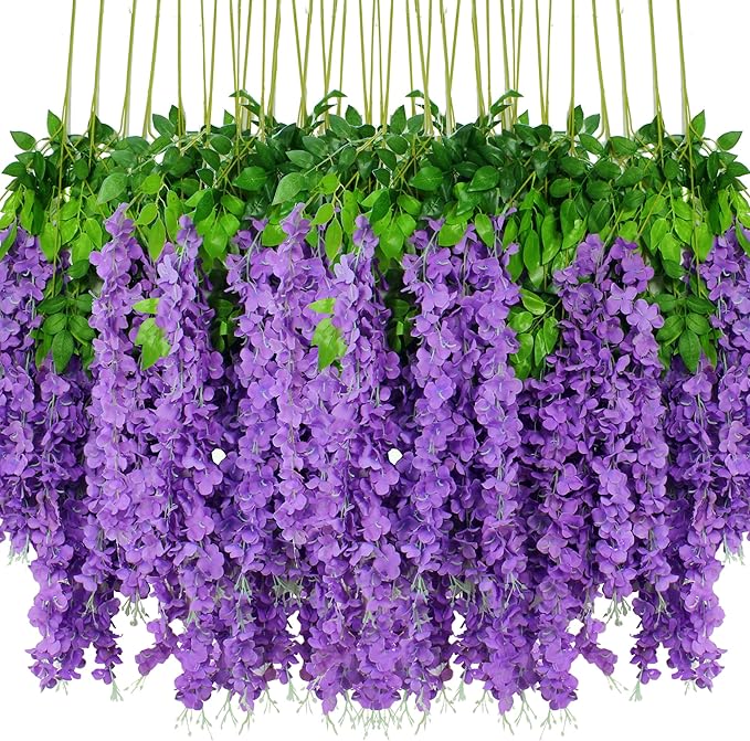 108pcs Artificial Wisteria Flowers 3.6 Feet/Piece Purple Dense Artificial Fake Wisteria Vine Ratta Hanging Garland Silk Flowers String Home Party Wedding Decor（Purple-Dense）