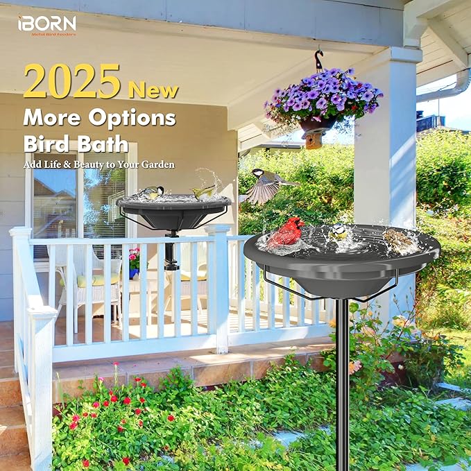 iBorn Bird Bath for Outside,36″ Freestanding Bird Bath with 3 Adjustable Height Pole,12″ BPA-Free Plastic Bowl,5-Prongs Base,Metal Pole and Plastic Birds Baths Bowl,Gray,1 Pack（Not Include Fountain）