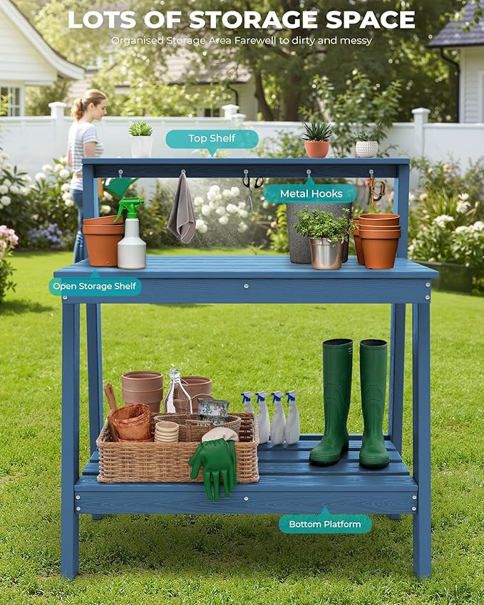 SERWALL Potting Bench Outdoor with Storage Set of 2, 3-Tier HDPE Gardening Table with Angled Legs & Tool Hooks, All-Weather Heavy Duty Potting Table for Patio, Backyard, Garden, Blue