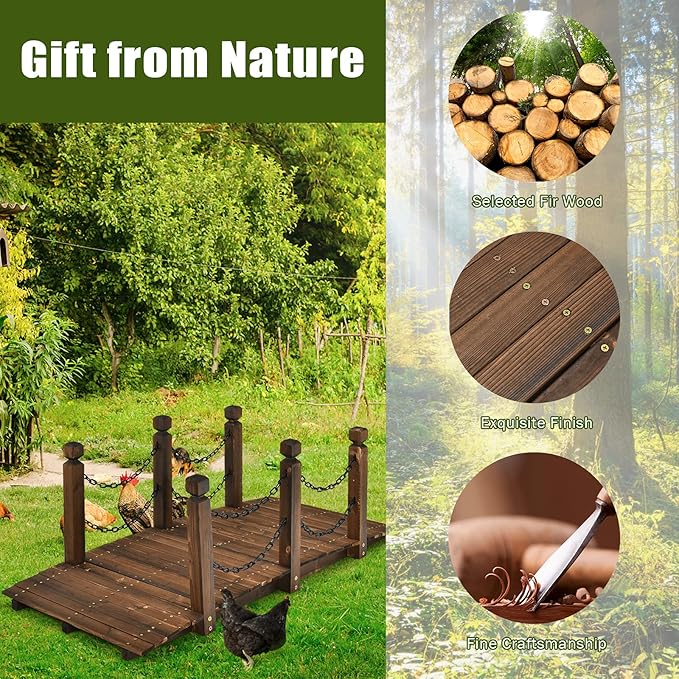 Giantex 5 FT Wooden Garden Bridge, Stained Wood Arc Footbridge with Chain Railings for Backyard Creek Farm, Decorative Pond Bridge, Easy to Assemble, 400 lbs Capacity (Brown)