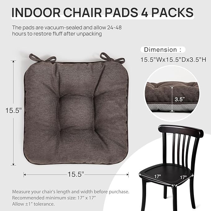 Love's cabin Memory Foam Chair Cushions Set of 4, 15.5"x15.5"x3.5" Indoor & Outdoor Seat Pads for Dining, Kitchen, Office, Patio Chairs - Coffee