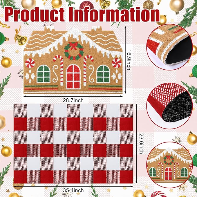Tinideya 2 Pcs Christmas Door Mat Gingerbread House Welcome Non Slip Coir Mats Merry Xmas Red White Buffalo Plaid Floor Layering Doormats Seasonal for Front Porch Entryway Decor(Gingerbread House)