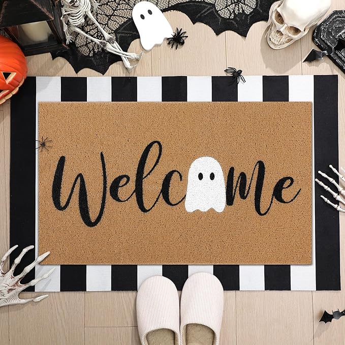 Tinideya 2 Pcs Halloween Door Mat Ghost Welcome Non Slip Coir Mats Cute Black White Stripe Floor Layering Doormats Seasonal for Front Porch Entryway Decor(White Ghost)