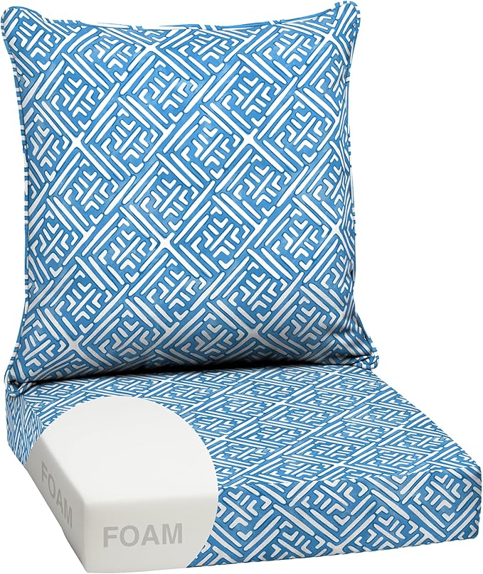 Arden Outdoor Foam Deep Seat Cushion Set, 24 in x 24 in, Weather-Proof, Rain-Proof, Fade Resistant Patio Cushion, Bottom and Back Cushion for Chair, Sofa, and Couch Amalfi Blue Tile