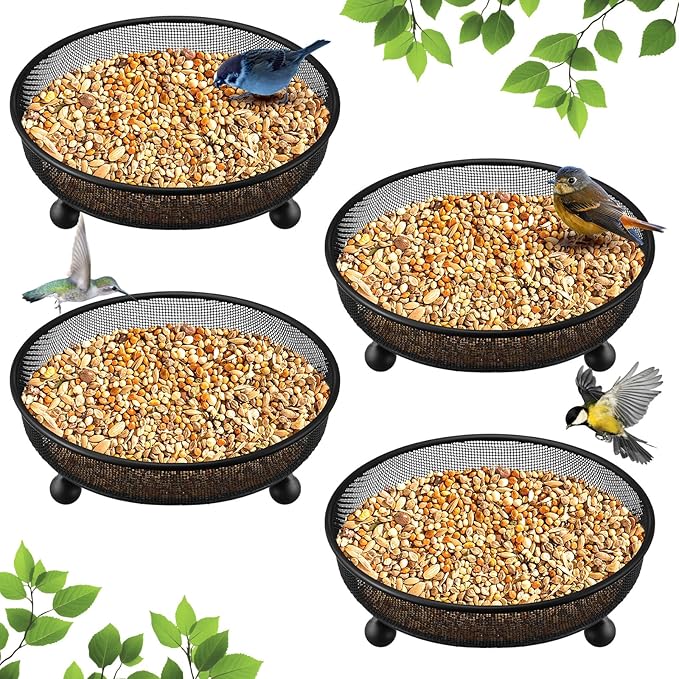 Nuogo 4 Pcs Platform Bird Feeder 7 Inches Ground Bird Feeder Tray for Outside Metal Squirrel Feeders Rust Resistant Mesh Seed Tray Garden Yard Decoration for Outdoor Wild Dove(Round)