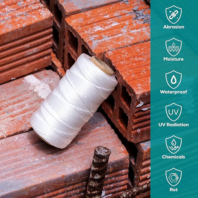 Mason Line String 1.3mm Thick Twisted Polypropylene – Durable Construction Twine for Laying Bricks, Blocks, Fences in Gardening, DIY & Landscaping Projects (White, 393 Ft)