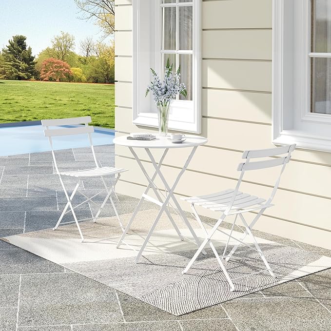 Bistro Table and Chairs Set of 2, 3 Piece Outdoor/Indoor Folding Patio Bistro Sets, 2 Chair Patio Furniture Set with Table, Premium Frame Foldable Coffee Tables for Balcony, Yard, Garden, White