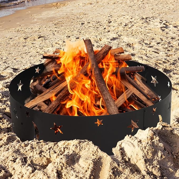 Sunnydaze 36-Inch Outdoor Fire Ring - Portable Metal Fire Pit Ring for Camping or Backyard - 360-Degree Moons and Stars Cutout - Big Sky