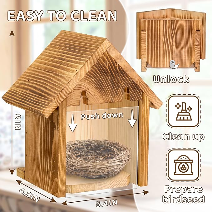 Window Bird Houses for Outside with 2 Powerful Hooks, Clear Window Bird House for Viewing Inside, Hanging Wooden Birdhouses to Paint for Outdoors, Bird Nesting Box for Bluebird Finch Chickadee