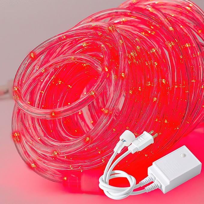 Waterproof LED Rope Lights, Connectable & Flexible with 8 Modes, Outdoor Lighting for Deck, Garden, Pool, Patio & Christmas Decor Transparent Tube (Red, 50ft)