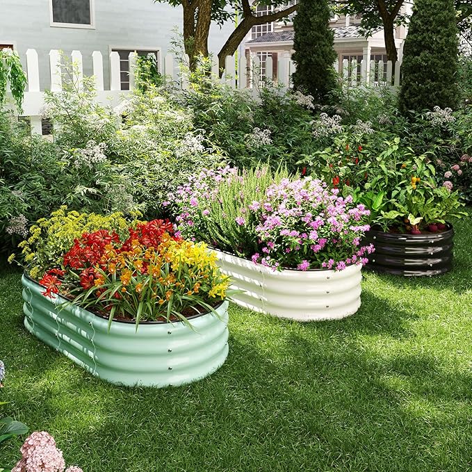 Galvanized Metal Planter Round Raised Garden Bed Kit for Gardening Outdoor，2x2x1ft 2pc Grow Garden Box Raised Flower Bed，Round Galvanized Planter Outdoor Metal Fire Pit Ring White