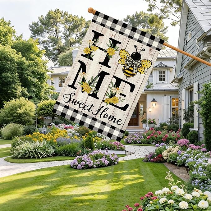 ORTIGIA Home Sweet Home Bee House Flag Double Sided 28x40 Inch, Spring Summer Yellow Flower Buffalo Plaid Check Large Yard Flag Burlap Farmhouse Rustic Outside Outdoor Lawn Patio Decor