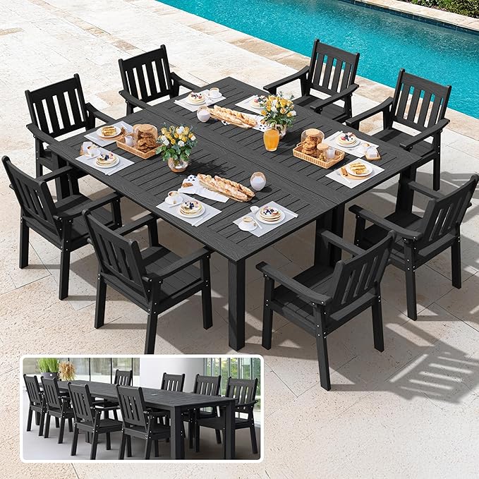 YEFU HIPS Patio Table Set: 10 Piece Outdoor Table and Chairs Dining Furniture Set with Umbrella Hole - Black Modern Plastic Dining Sets 8 Person for Outside Deck with Metal Aluminum Frame